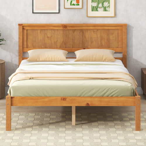 Estructura de Cama Plataforma con Cabecero, Soporte de Lamas de Madera, No Se Necesita Resorte de Caja, Tamaño Queen, Roble