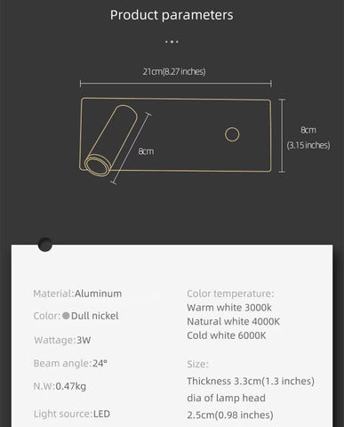 a sleek rectangular aluminum modern brushed nickel led dimmable reading wall light with a dull nickel finish and warm white 3000k light source for bedroom use