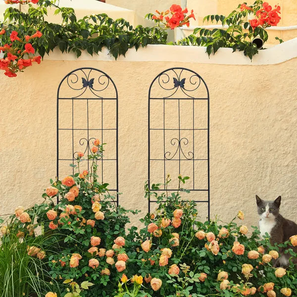 2er-Set Metall-Gartenspaliere 220 cm x 50 cm Rostfreies Spalier für Kletterpflanzen Außen Blütentraeger Schwarz