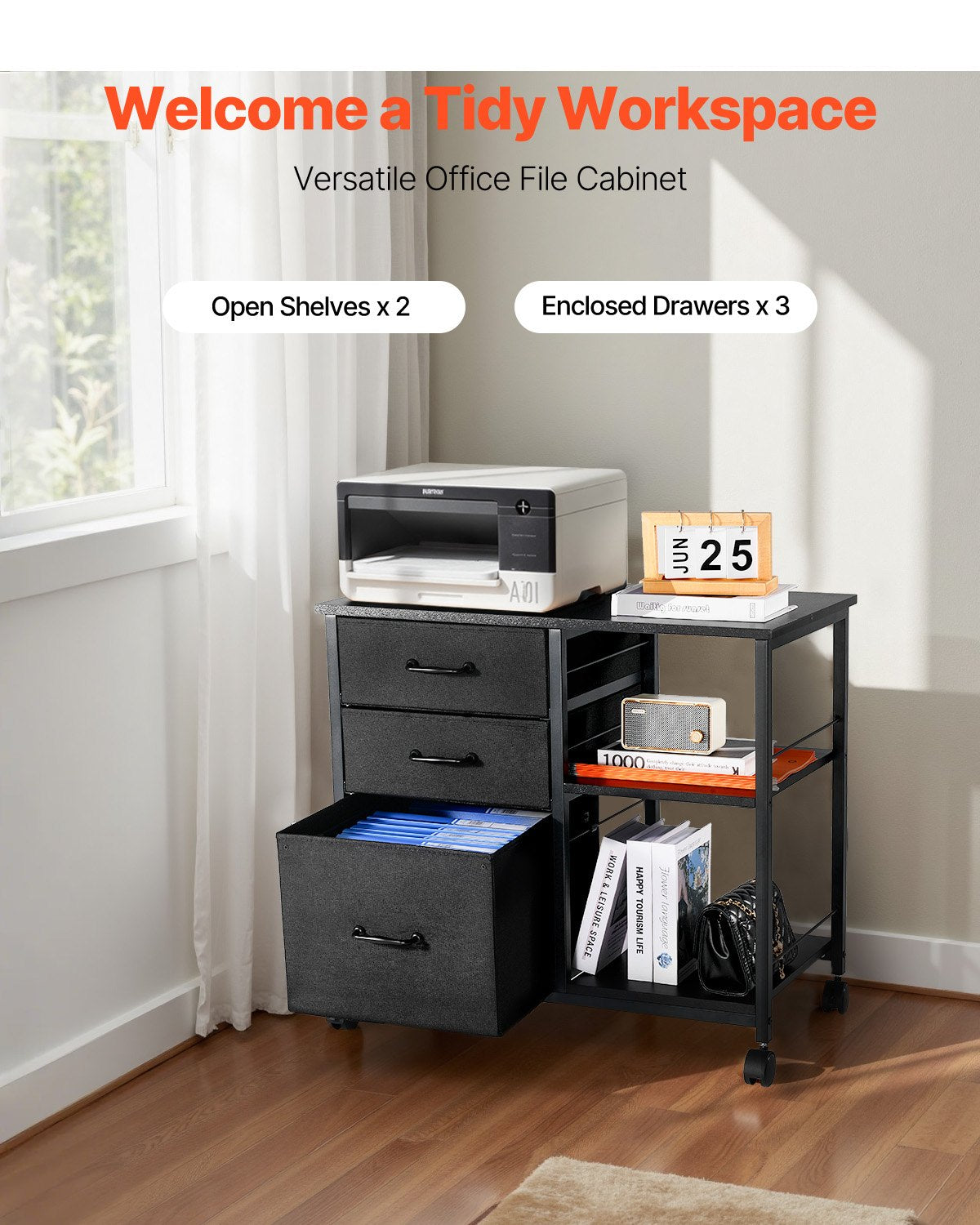 Mobiles Metallbüro-Sideboard mit 3 Stoffschubladen und 2 offenen Regalböden, schwarz