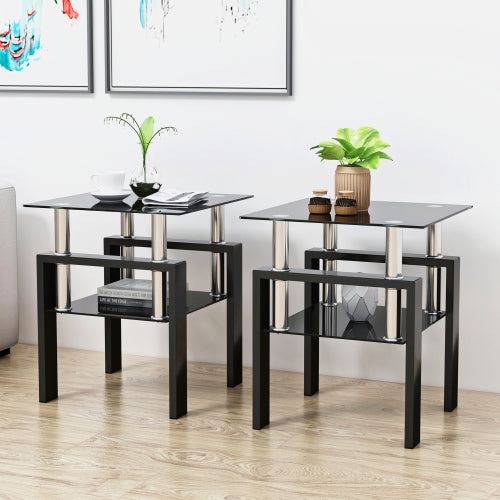 Juego de 2, Mesa de Té de Vidrio Templado Moderno Mesa de Café Mesa Auxiliar, Mesa Cuadrada para Sala de Estar, Negro