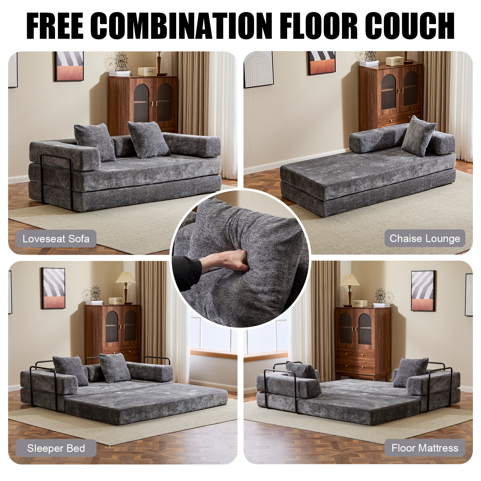 Sofá de Suelo, Sofá de Compresión, Sofá Cama Convertible de Suelo - con Soporte de Espalda en Almohada y Reposabrazos, Sofá Futón Cómodo para Reposar Cama para Dormir, Tela Chenille, para Sala de Estar y Dormitorio GRIS OSCURO