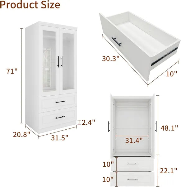 Armoire Wardrobe Closet With 2 Glass Closet Doors, 71" High Bedroom Wardrobe Closet With 2 Closet Drawers Cabinet Storage Wardrobe With Hanging Rod For Bedroom,Wooden Armoires And Wardrobes