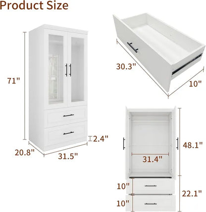Armoire Wardrobe Closet With 2 Glass Closet Doors, 71" High Bedroom Wardrobe Closet With 2 Closet Drawers Cabinet Storage Wardrobe With Hanging Rod For Bedroom,Wooden Armoires And Wardrobes
