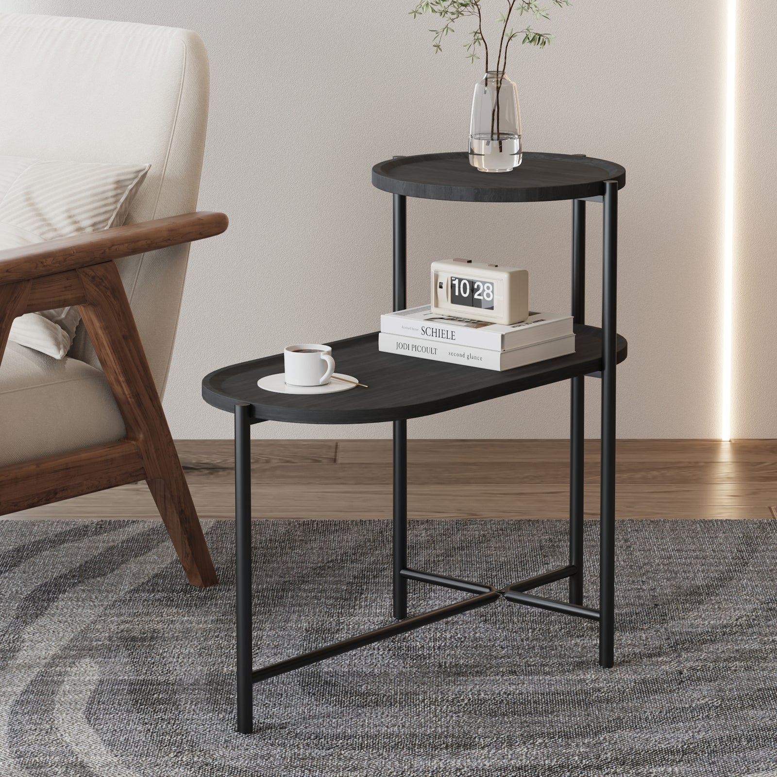 Mesa de Café Redonda con Bandeja de Almacenamiento Mesa Auxiliar Ovalada de 2 Niveles Mesa Lateral Pequeña de Madera para Sala de Estar