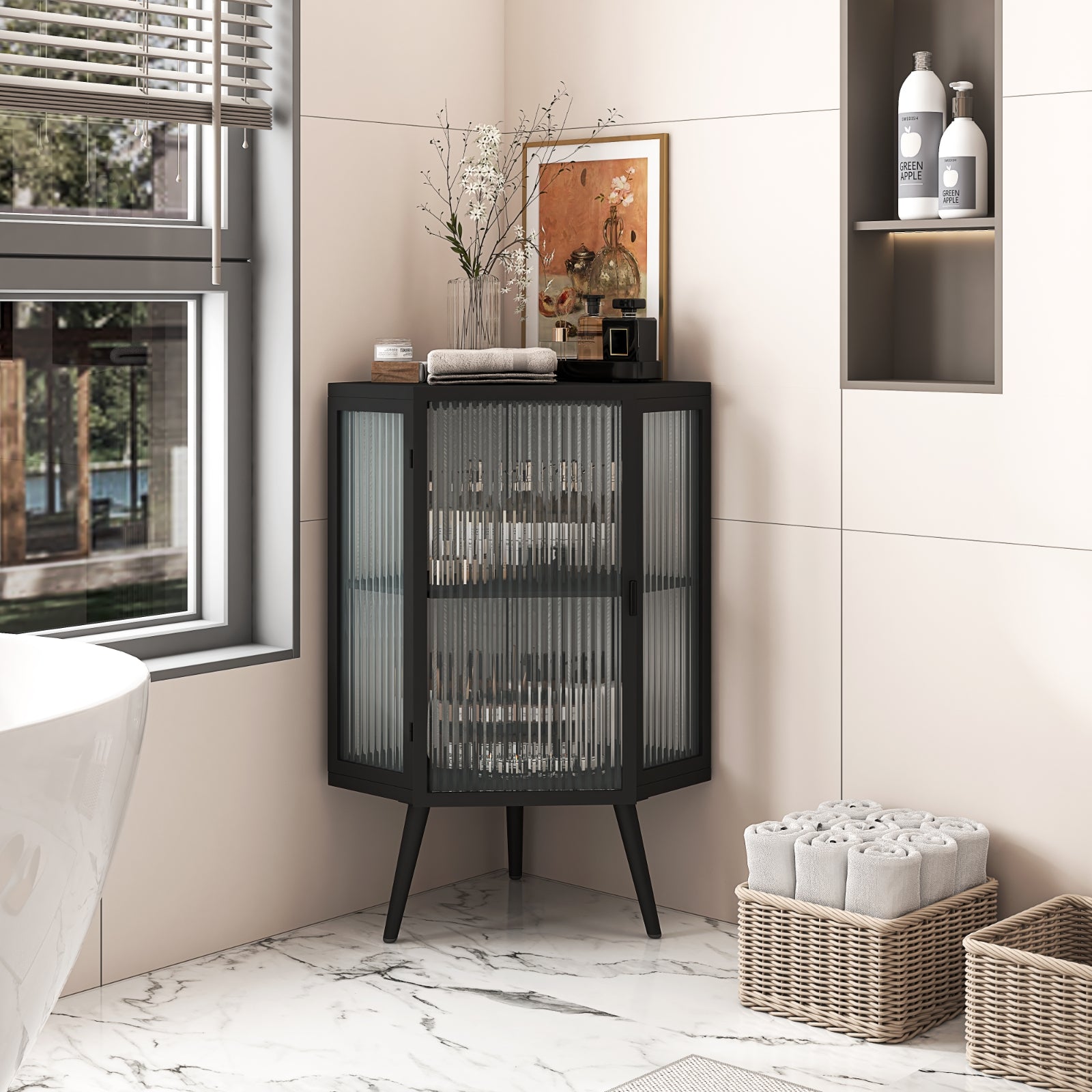 22.25 Gabinete de Esquina para Piso con Puerta de Cristal Estantes para Baño, Sala de Estar