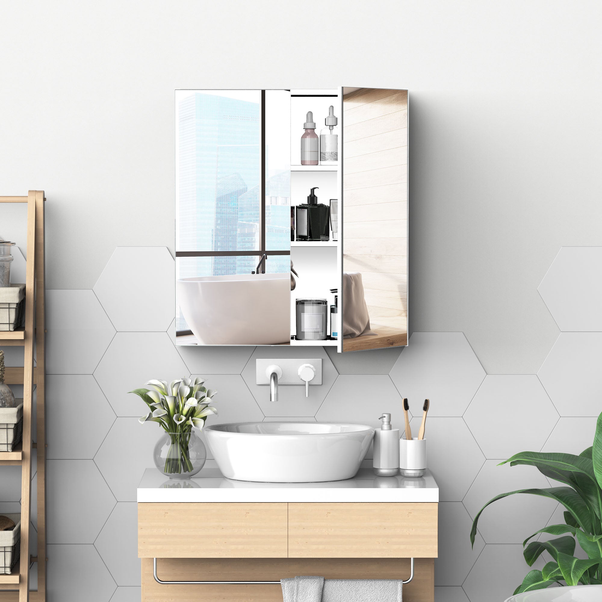 Armario de Medicinas para Baño Kleankin con Espejo Almacenamiento de Acero Inoxidable de 3 Niveles Plata