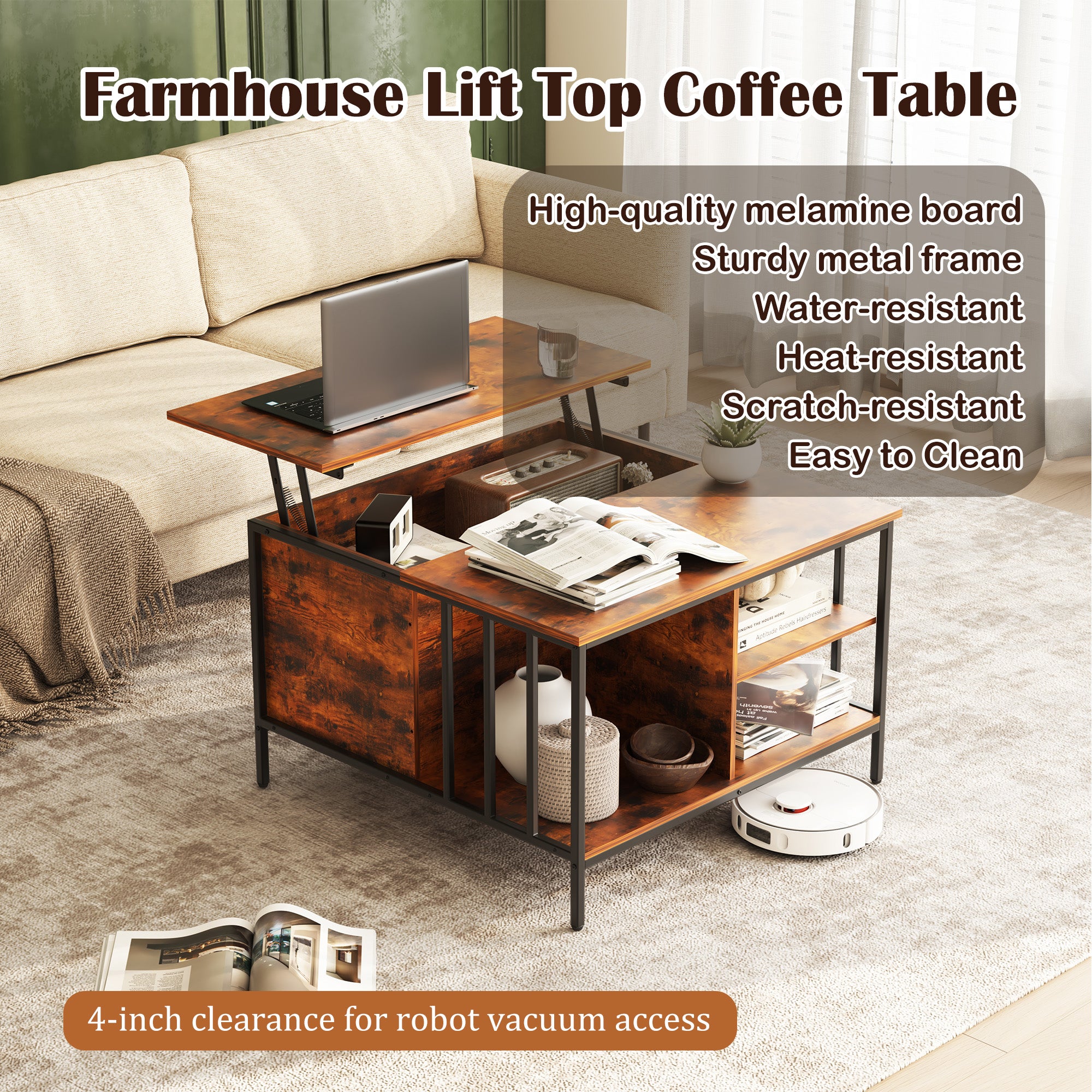 Mesa de Centro Elevable de Estilo Granja con Almacenamiento, Altura Ajustable para Sala de Estar, Centro Multifuncional para la Familia con Compartimento Oculto y 3 Estantes, Capacidad de 110 libras, Fácil de Limpiar