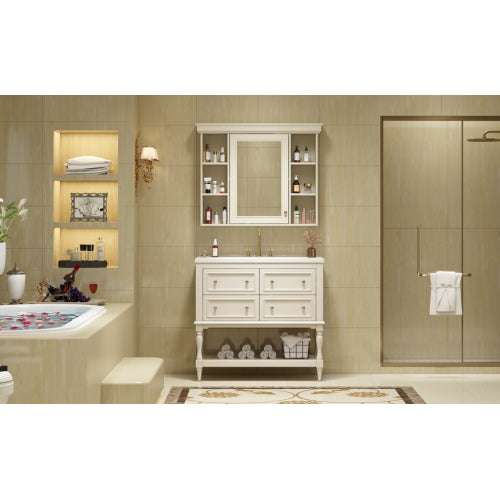 Lavabo de baño de 36'' con armario de medicamentos, armario de espejo moderno con estante ajustable, armario de almacenamiento de baño con 4 cajones, armario de almacenamiento de baño con marco de madera maciza