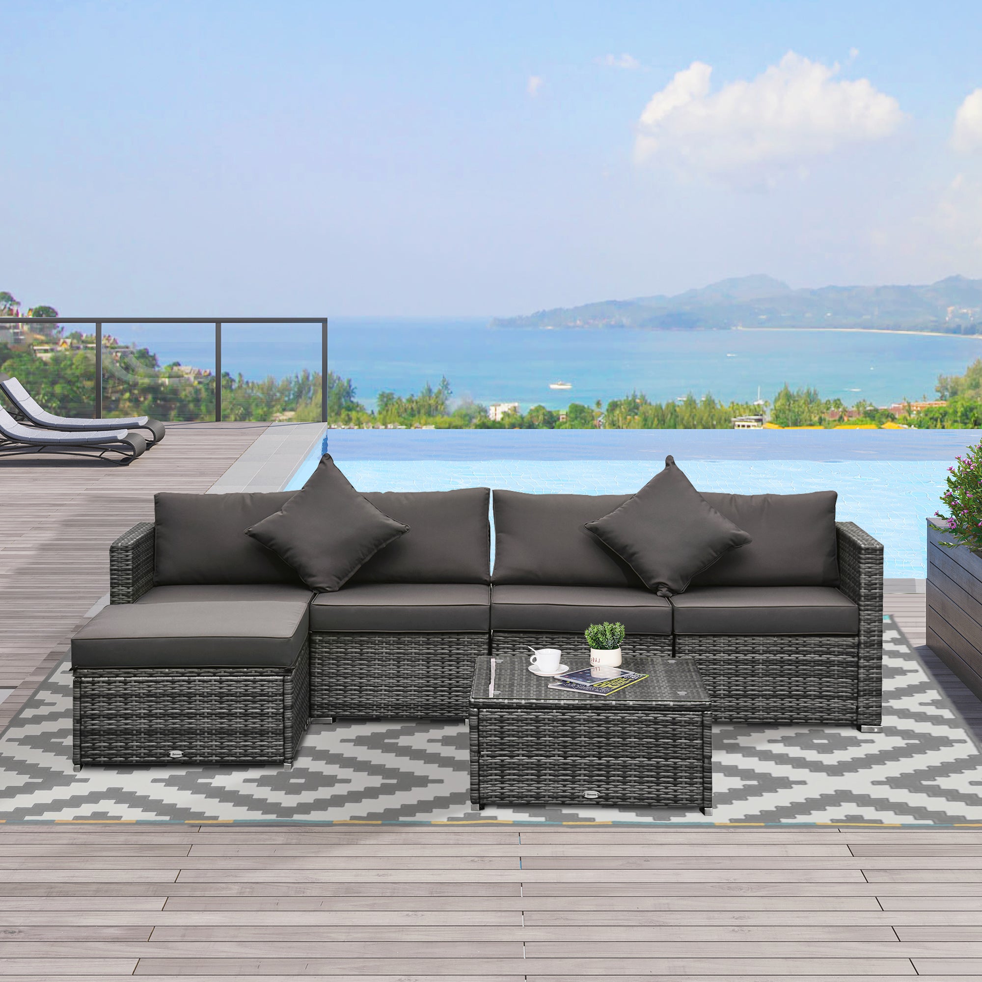 Conjunto de 6 Piezas de Muebles de Patio para Conversación al Aire Libre, Conjunto de Sofá Seccional de PE Resistente a Todas las Inclemencias del Tiempo con Otomana