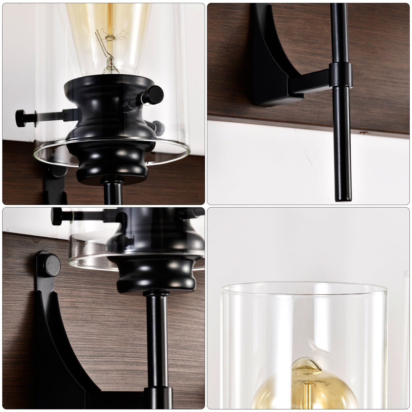 Luminarias de baño de 3 luces en color negro mate y madera, luces modernas para tocador con pantalla de vidrio, luminaria vintage para baño sobre el espejo, luces de pared para cocina, comedor, dormitorio y pasillo