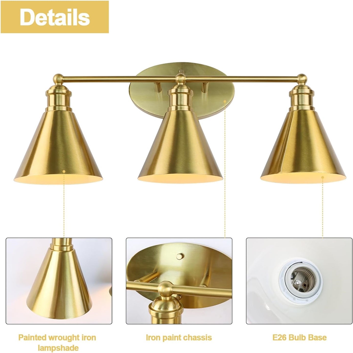 Bathroom 3 Light Lighting Fixtures Over Mirror, 24 Inch Gold Bathroom Anti-Rust Vanity Light For Bathroom Shower Toilet E26 Bulbs