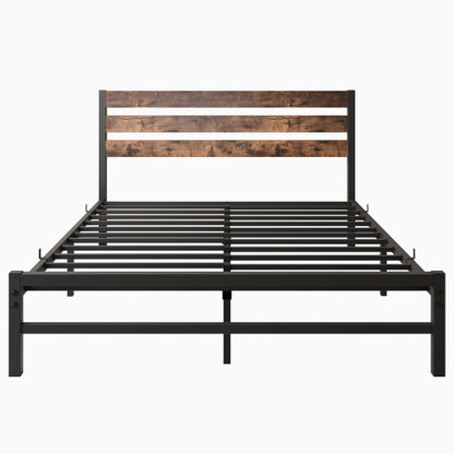 Marco de Cama Plataforma de Tamaño Queen con Cabecero de Madera Rústica Vintage, Listones de Metal Resistentes que Sostienen la Base del Colchón, No se Requiere Resorte de Caja en Marrón Rústico