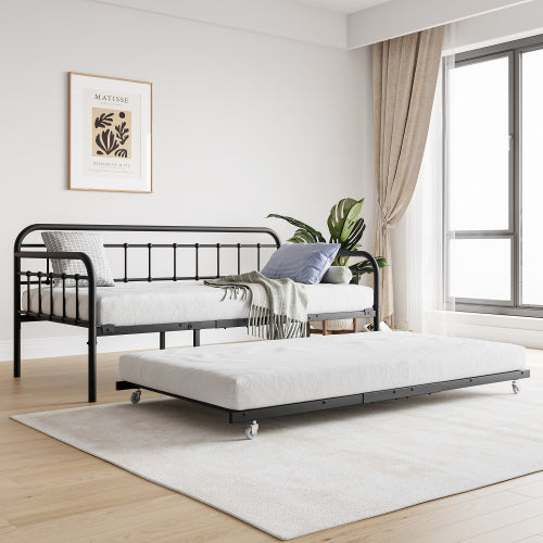 Estructura de Cama de Día Metálica de Tamaño Individual con Trundle, Plataforma de Sofá Cama con Soporte de Láminas de Acero de Gran Resistencia y Cabecero, No Se Requiere Resorte de Caja, Negro