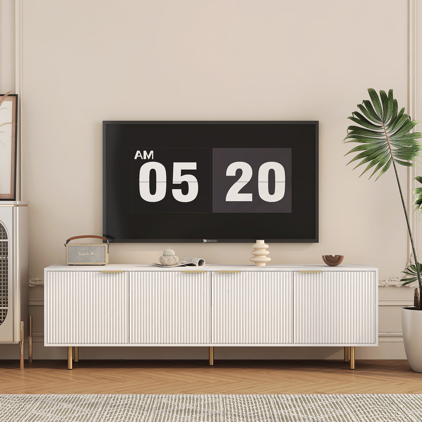 White Modern TV Stand Fluted T, Entertainment Center With Storage Doors, TV Console Media Cabinet, For 55 Inch TV, Living Room