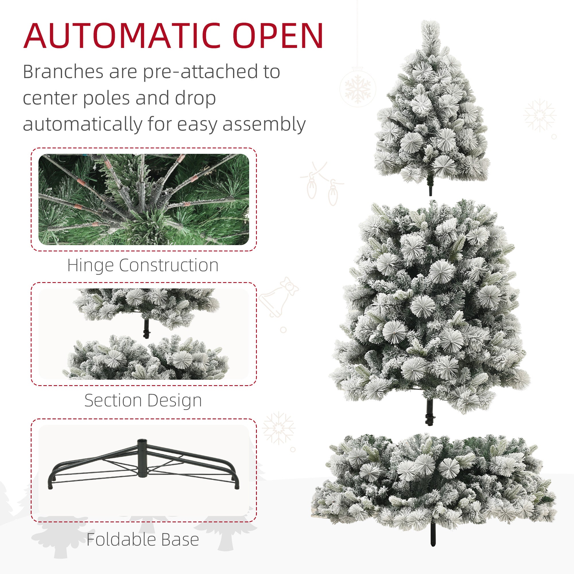 HOMCOM 2 m vorbeleuchteter künstlicher Weihnachtsbaum mit 350 klaren Lichtern und 1107 Ästen, schneebeflockter Weihnachtsbaum mit Metallständer, klappbarer Weihnachtsbaum für Zuhause, Büro und Feiertage, Grün