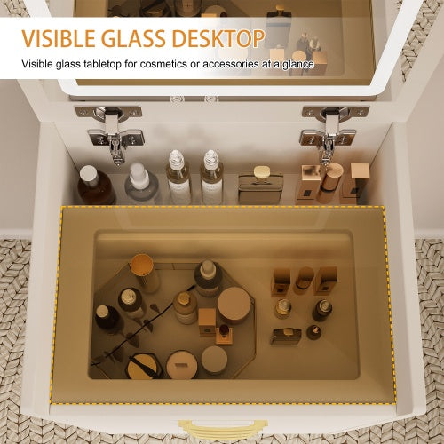 Escritorio de Tocador 3 en 1 con Espejo Abierto en la Parte Superior, Conjunto Pequeño de Tocador para Maquillaje con Escritorio de Vidrio Visible, Tocador Compacto para Maquillaje con 3 Cajones, Mesa de Vestir para Dormitorio