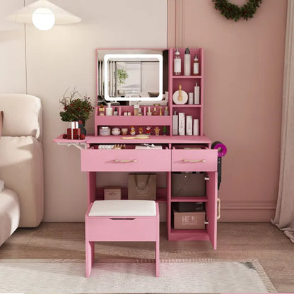 Vanity Desk With LED Mirror Lights And Power Outlet Charging Station, Makeup Dressing Table With 3 Drawers, 7 Shelves And Storage Stool, For Girls And Women (Pink)