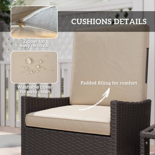 Outsunny 5-teiliges Rattan-Gartenmöbel-Set, Flechtpatio-Sofaset mit 2 Sesseln, 2 Fußschemeln, Couchtisch mit Glasplatte und Regal, Außenmöbel mit verstellbaren Rückenlehnen, Kissen, Khaki