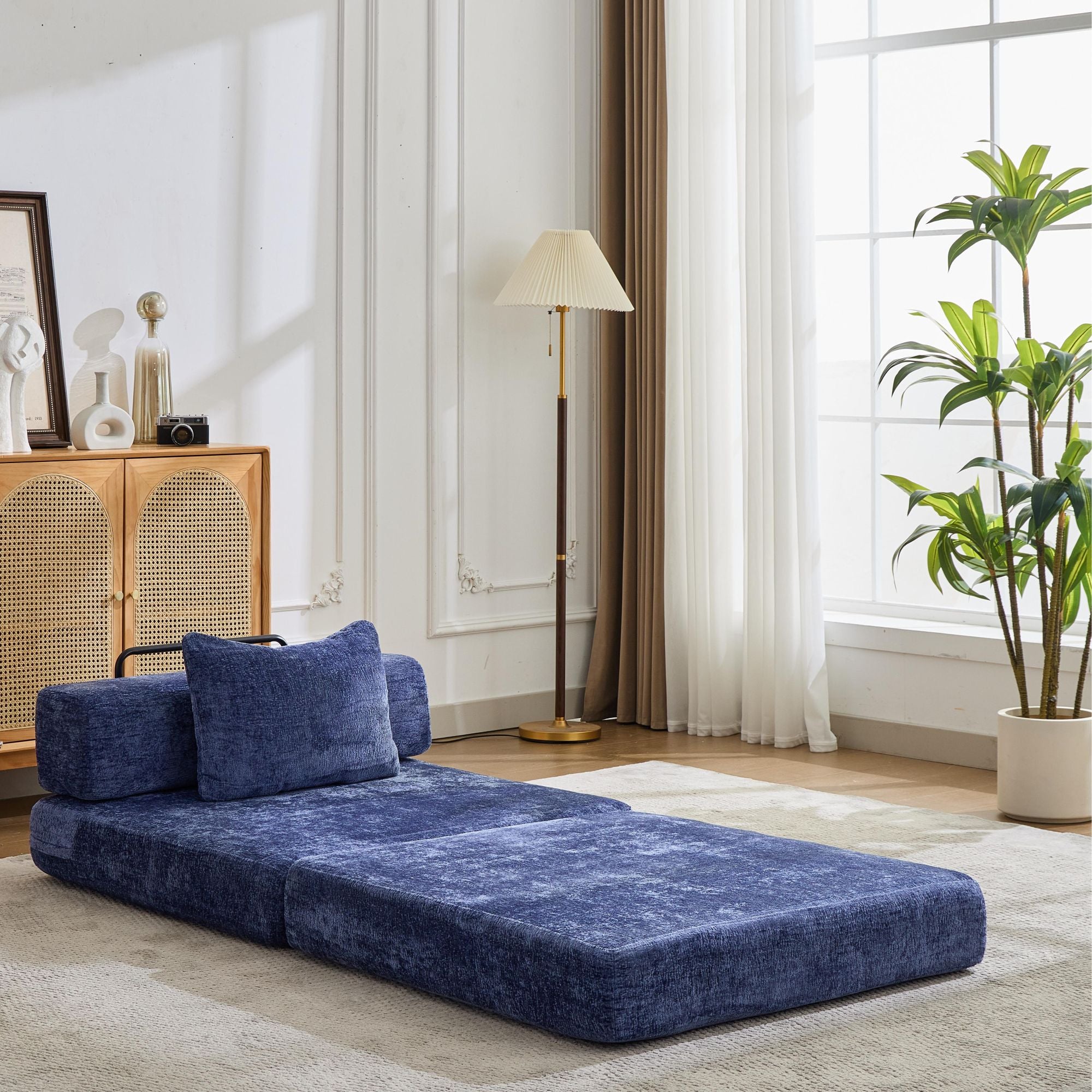 Sofá de Compresión, Sofá Cama Convertible para el Suelo con Marco de Forma Fija, Sofá Seccional Modular sin Huesos para una Persona, Sin Ensamblaje Requerido, Tela de Chenille, para Sala de Estar y Dormitorio, Azul Oscuro