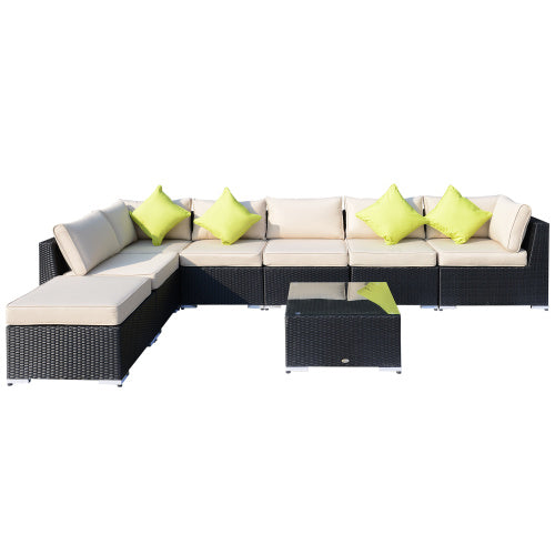 Outsunny Conjunto de Sofá de Esquina de Ratán PE de 8 Piezas con Cojines Gruesos, Conjunto de Muebles de Jardín de Ratán Exterior de Aluminio con Mesa de Tapa de Vidrio, Sin Ensamblaje Requerido, Negro