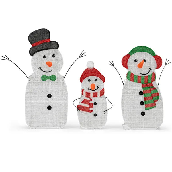Decoración Familiar de Muñecos de Nieve Iluminados de 3 Piezas - 95 LEDs Blanco Cálido, Metal + Tela, Tamaños 30,5"/25,5"/20,5" (Multicolor)