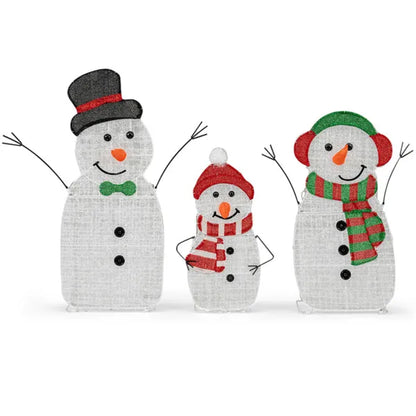 Decoración Familiar de Muñecos de Nieve Iluminados de 3 Piezas - 95 LEDs Blanco Cálido, Metal + Tela, Tamaños 30,5"/25,5"/20,5" (Multicolor)