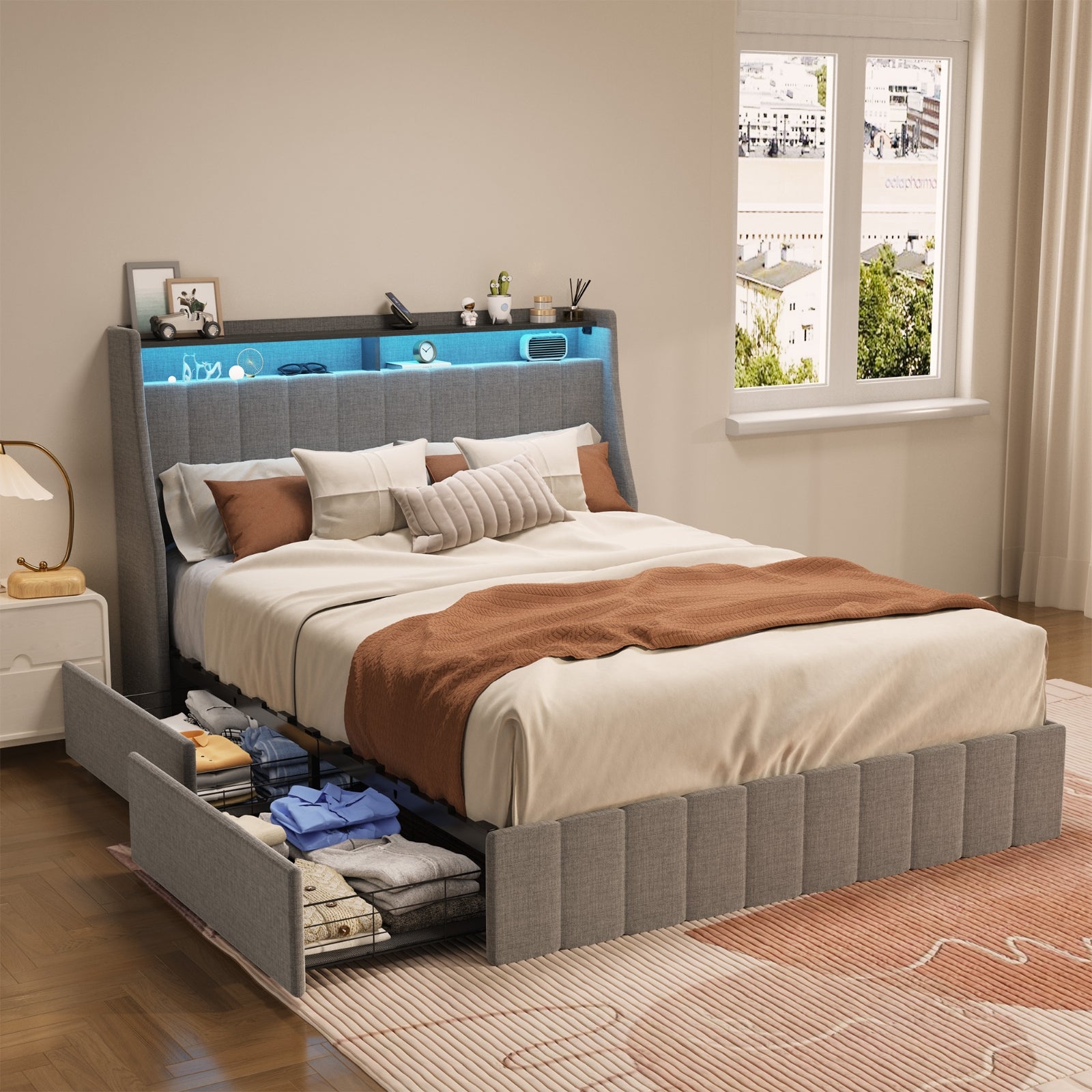 Estructura de Cama de Tamaño Queen con LED, Cajones de Almacenamiento, Cabecero con Alas - Gris Claro