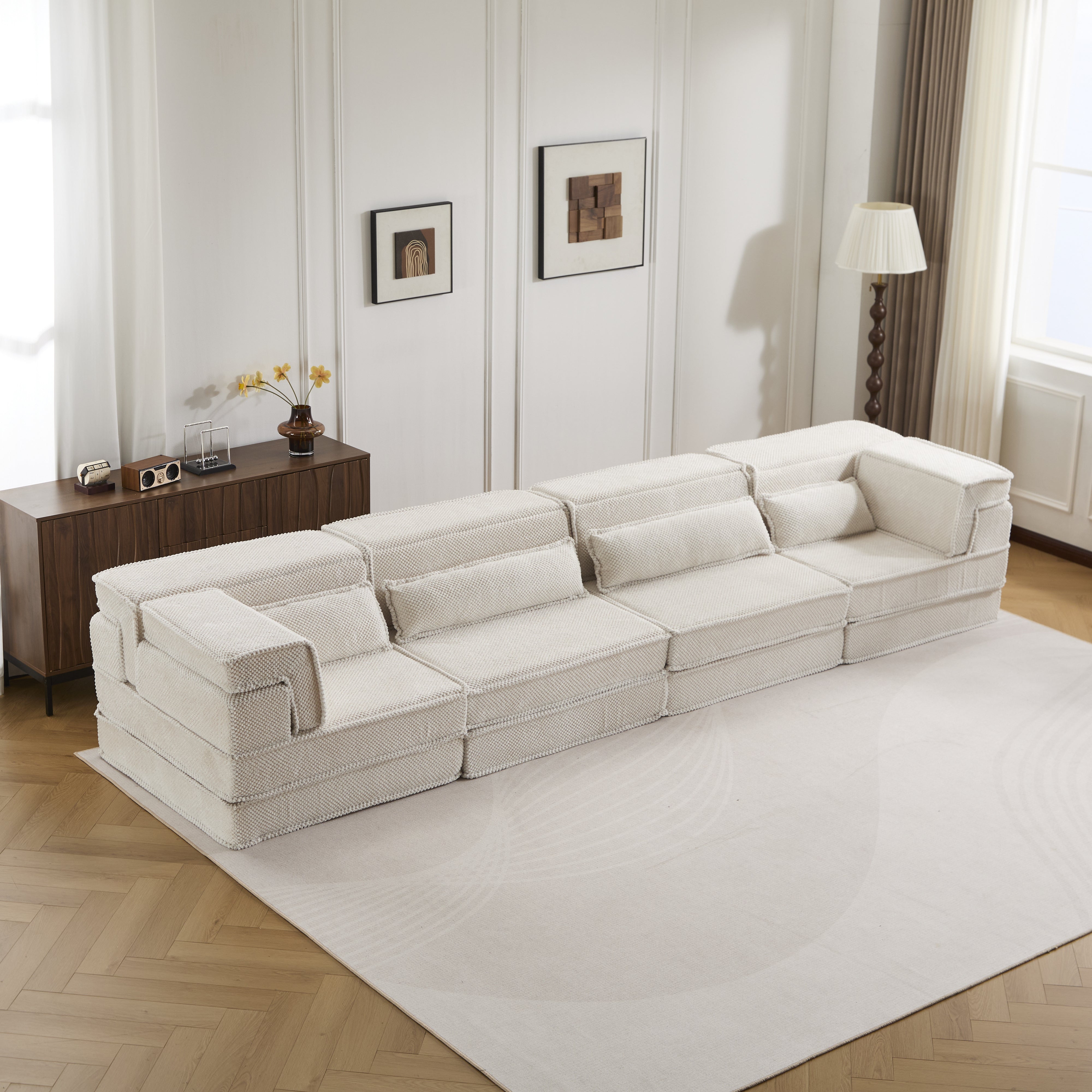Sofá Mahjong de Compresión, Sofá Cama Convertible para el Suelo, Sofá Seccional Modular sin Huesos DIY, Sin Ensamblaje Requerido, Tela de Lana de Círculo, Para 4 Personas de Tamaño Excesivo con 4 Almohadas, Blanco