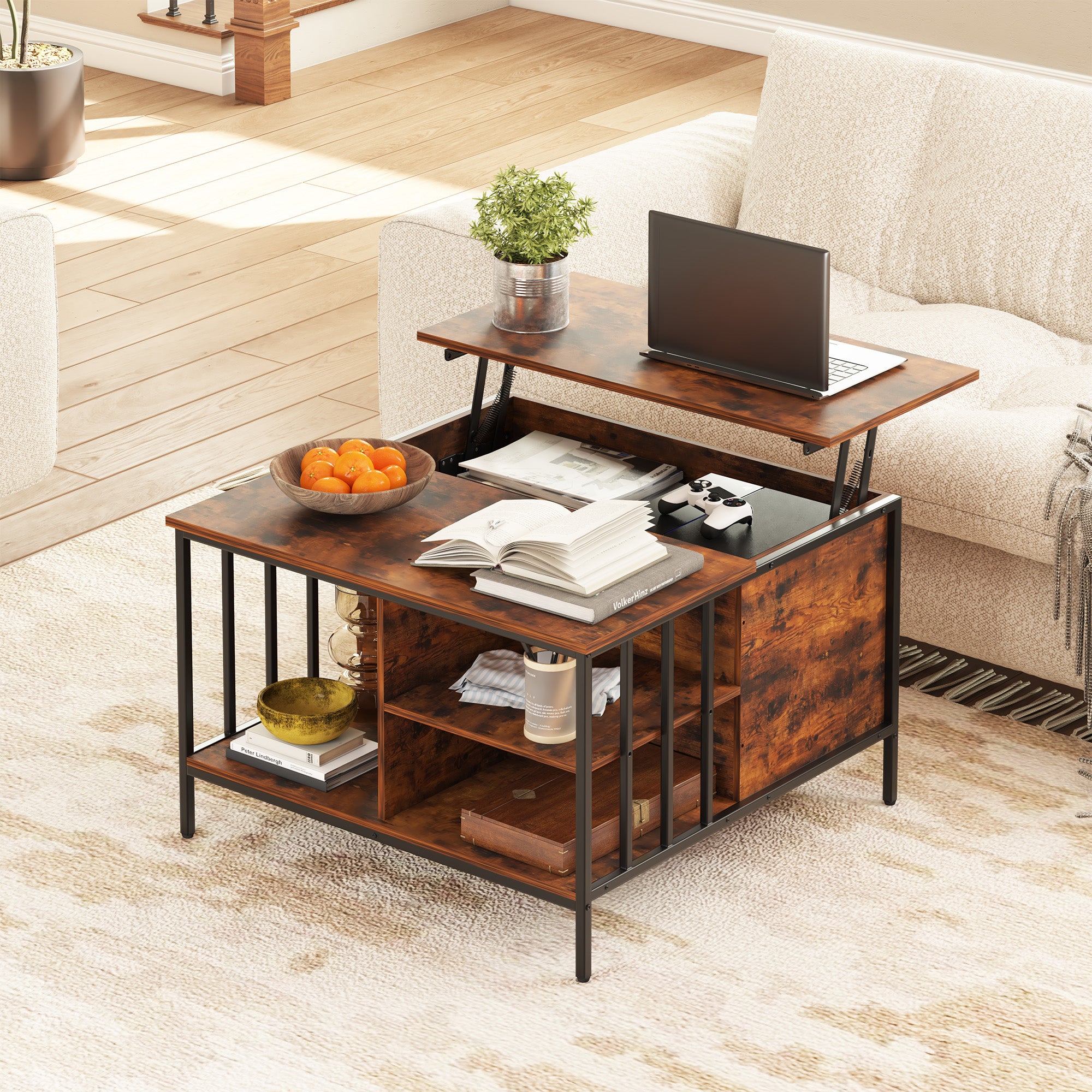 Mesa de Centro Elevable de Estilo Granja con Almacenamiento, Altura Ajustable para Sala de Estar, Centro Multifuncional para la Familia con Compartimento Oculto y 3 Estantes, Capacidad de 110 libras, Fácil de Limpiar