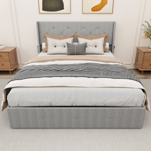 Estructura de Cama de Tamaño Queen con Almacenamiento - Cama con Almacenamiento Elevable y Cabecero Moderno de Respaldo Alado, Puertos USB