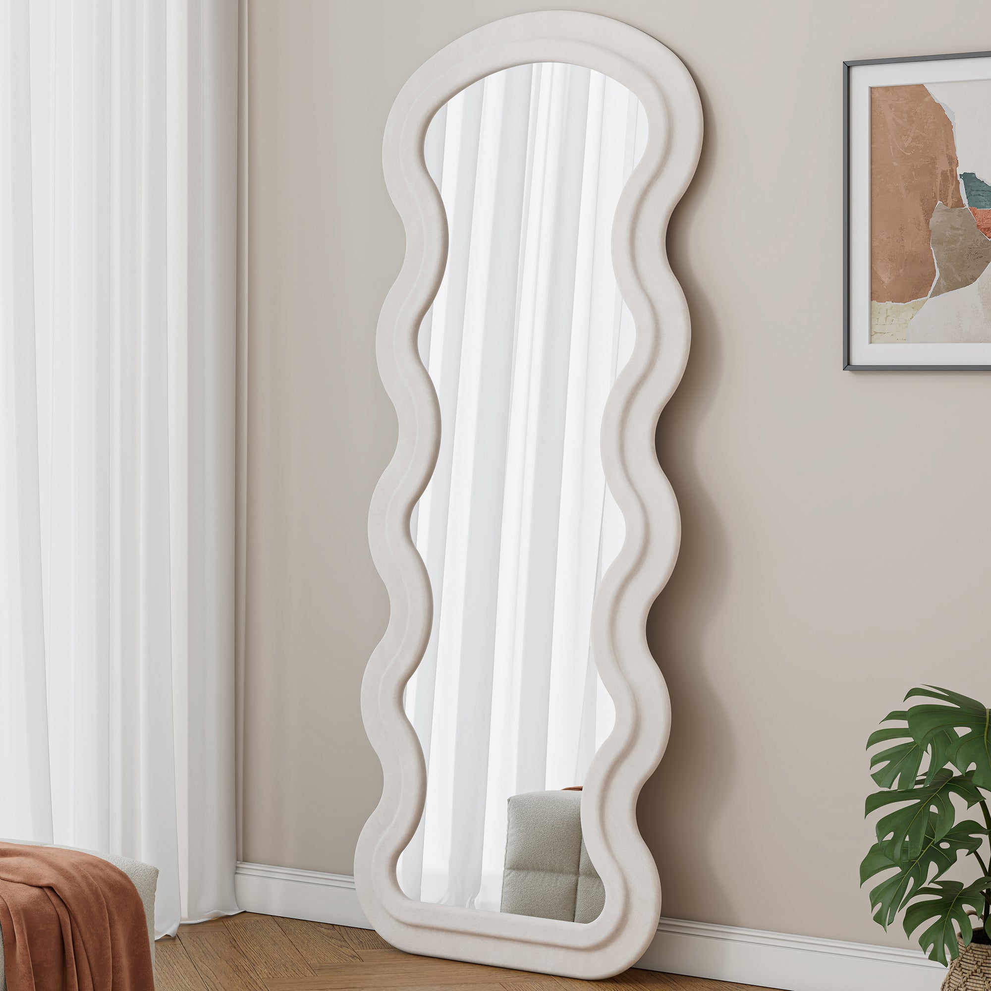 Espejo de Piso de Olas de Largo Completo en Franela para Dormitorio o Sala de Estar, Colgante o Contra la Pared, Blanco