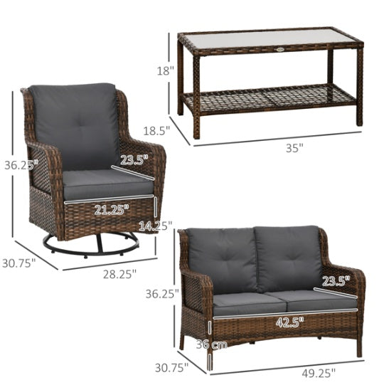 Wicker Swivel Patio Set Brown Loveseat Chairs