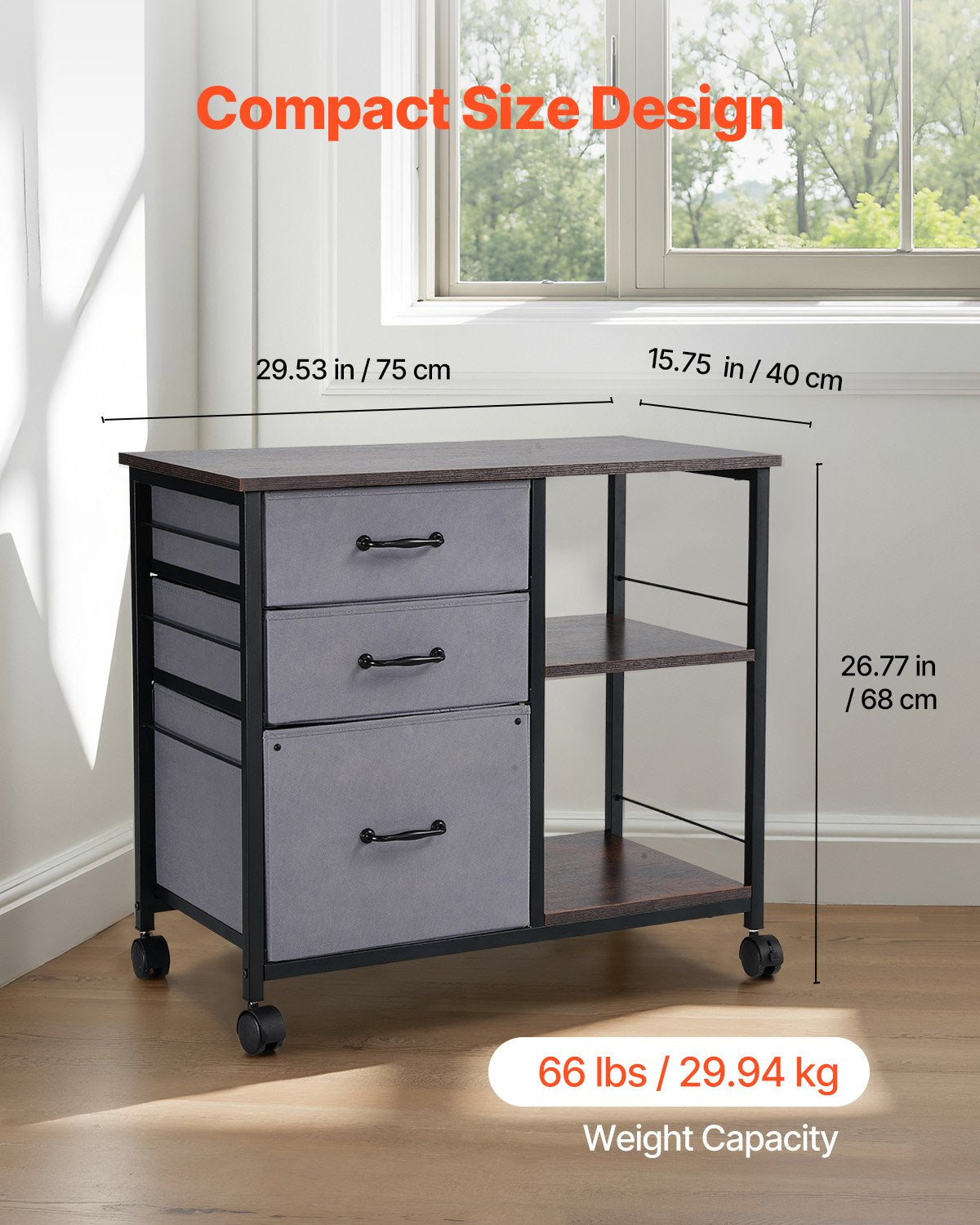 Mobiler Metall-Aktenschrank mit 3 Stoffschubladen und 2 offenen Regalen Braun