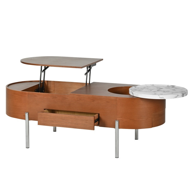 Mesa de café elevable de 47,2 pulgadas con bandeja giratoria de 360 grados con patrón de mármol, tablero ovalado elevable moderno, plataforma prohibida Temu