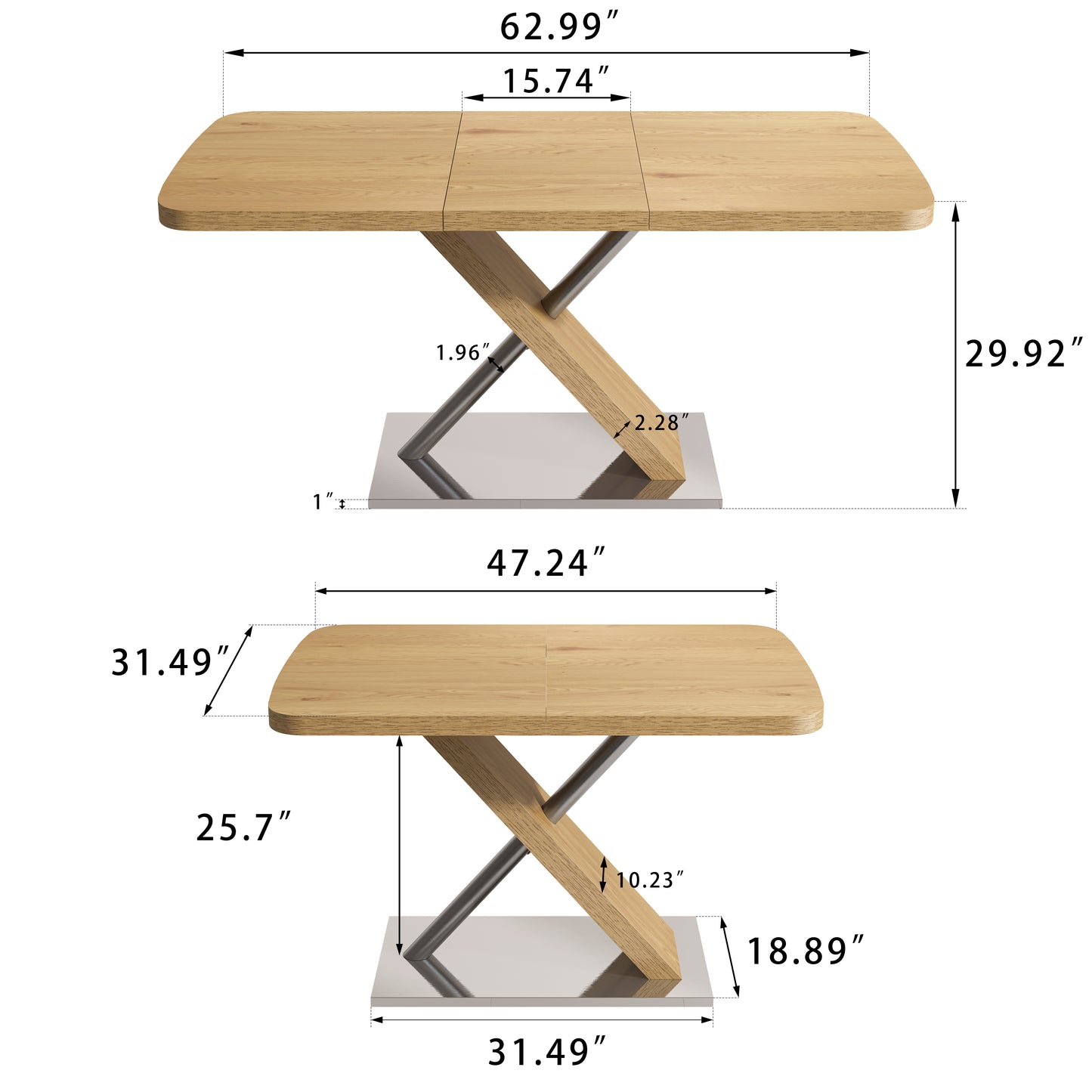 47.25 -63 Dining Table, Original Wood Color, Seating 4-6 People, Retractable Table, Cross Metal Base And Stainless Steel Tubing Natural