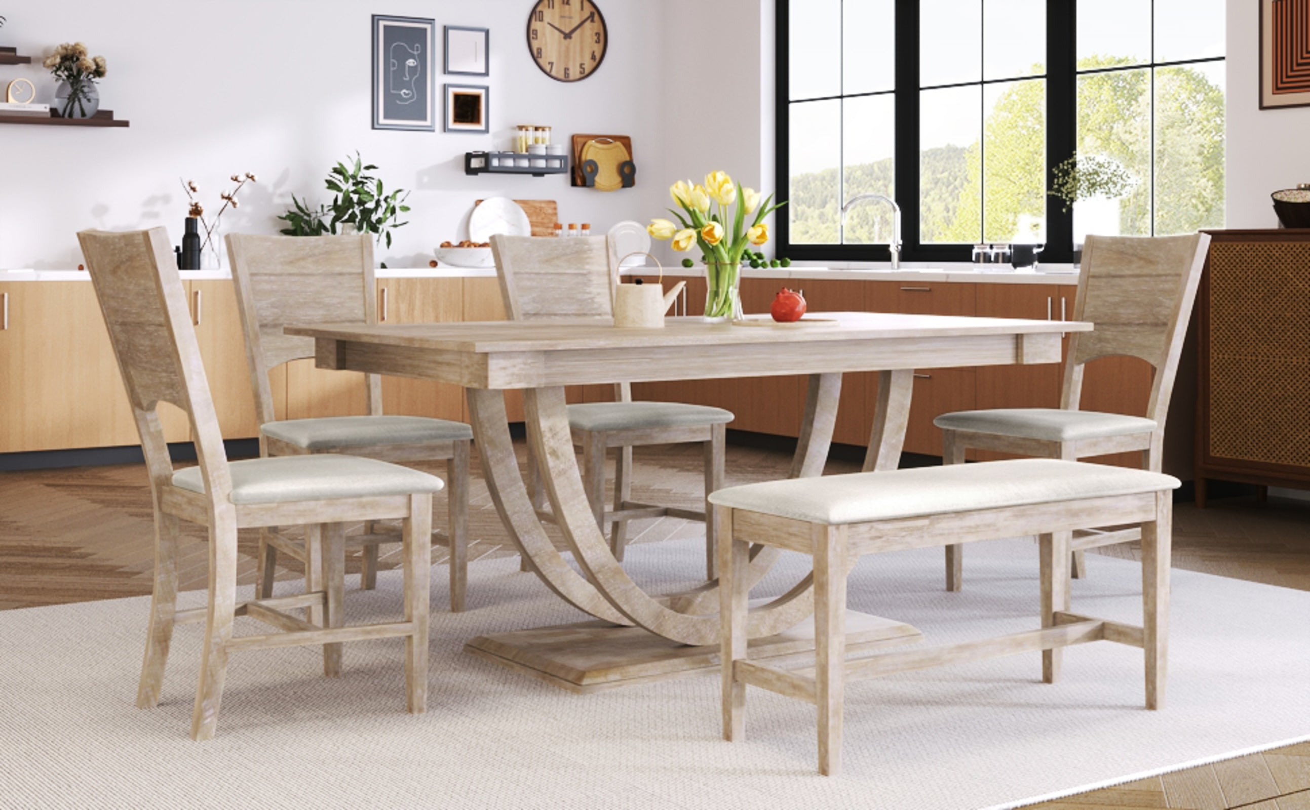 Natural Wood Dining Set Half-Round Table Bench