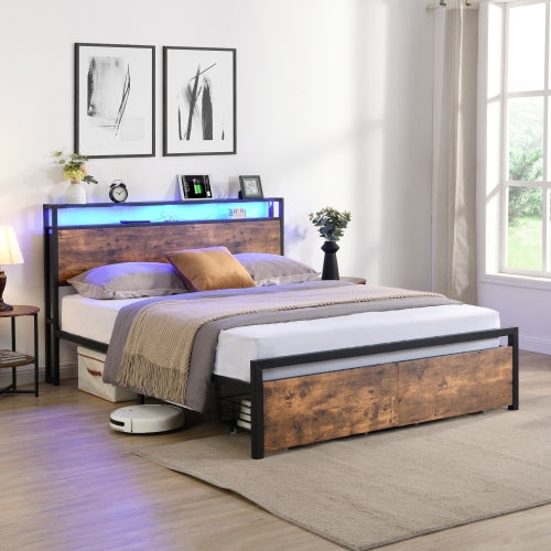 Bettgestell in Vollgröße mit Stauraum-Kopfteil und 2 Schubladen, LED-Beleuchtetes Bett mit Lade-Station, Metall-Plattformbett ohne Geräusche