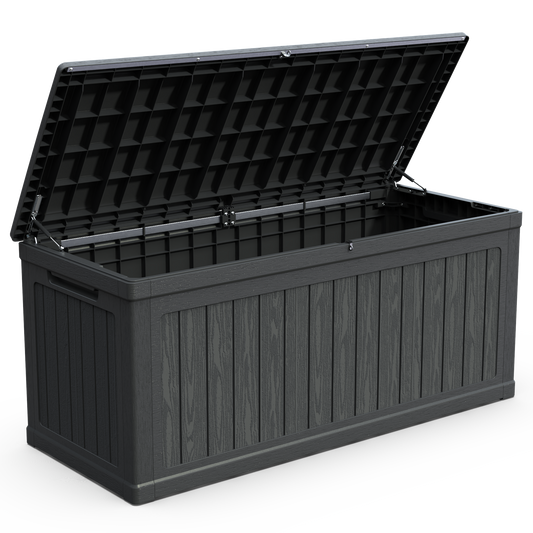 260 Gallon Large Outdoor Storage XXL Deck Box For Patio Furniture, Outdoor Cushions, Garden Tools And Sports Pools Equipment, Waterproof Resin, Lockable, Black