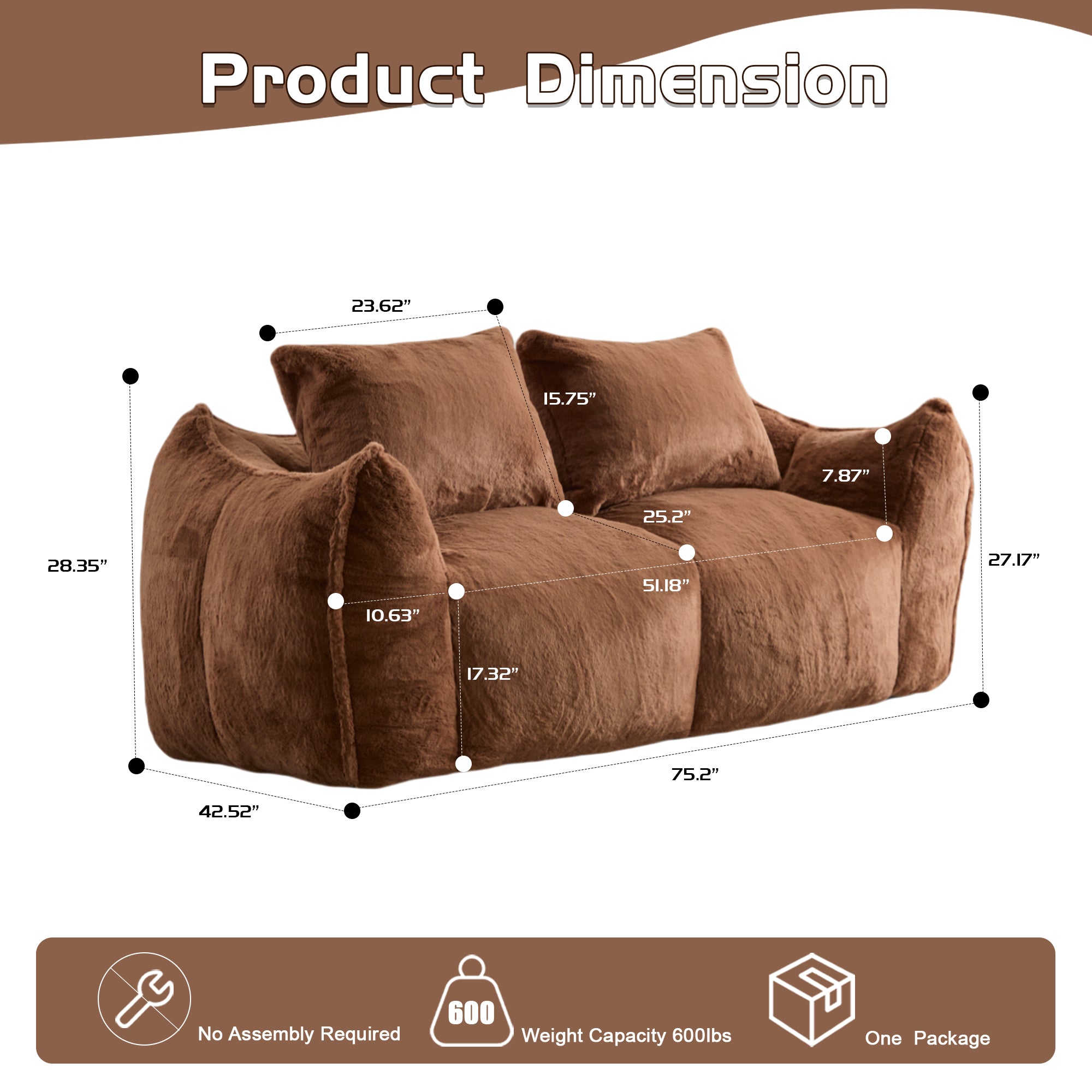 Sofá Gigante de Puf para Adultos, Sofá de Puf Loveseat Ultra Suave y Esponjoso, Silla de Reposetiras Sobredimensionada para Interiores en Sala de Estar o Dormitorio, No Requiere Ensamblaje, Silla de Lectura Acogedora con Almohadas, Marrón