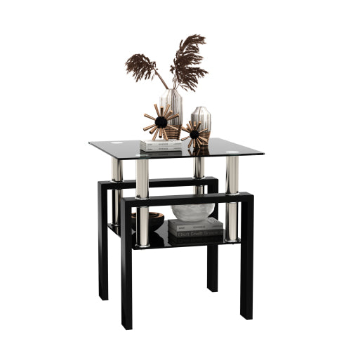 Mesa de Té de Vidrio Templado Moderna de 1 Pieza, Mesa de Café, Mesa Auxiliar, Mesa Cuadrada para Sala de Estar, Negra