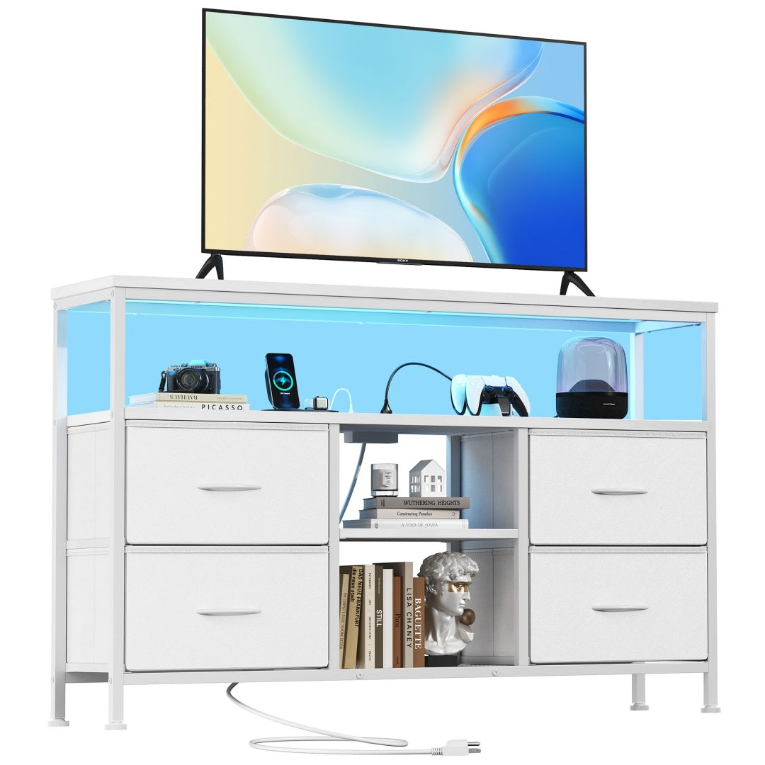 Soporte para TV, 4 Cajones, Con Luces LED y Enchufes Eléctricos, Mueble para Sala de Estar para TV de 50 Pulgadas, Con Estantes Abiertos y Patas Ajustables