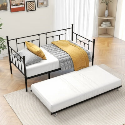 Estructura de Metal para Daybed de Tamaño Twin con Conjunto de Trundle, Sofá Cama de Día Twin, Daybed y Sofá Cama con Ruedas para Habitación de Invitados, Dormitorio, Sala de Estar, Estilo Victoriano, Negro