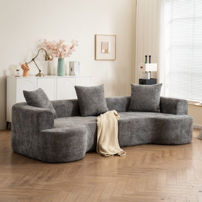 Modern Style Curved Sofa, Soft Corduroy Sofa With 3 Pillows, Living Room Milky White Ultra Smooth Curved Fabric Sofa