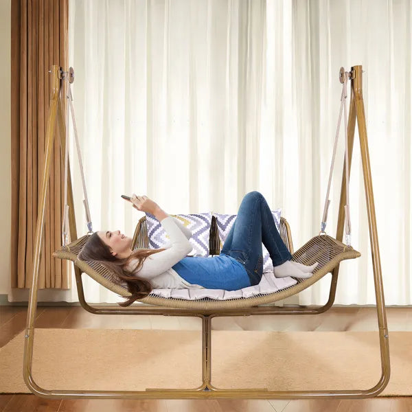 Silla Columpio para Columpio JESE con Soporte para Interiores y Exteriores, Marco Antióxido de Color Madera con Capacidad de 570 Libras y Cojín, Silla Columpio Doble Sobredimensionada para Patio, Balcón, Dormitorio Prohibida en Amazon