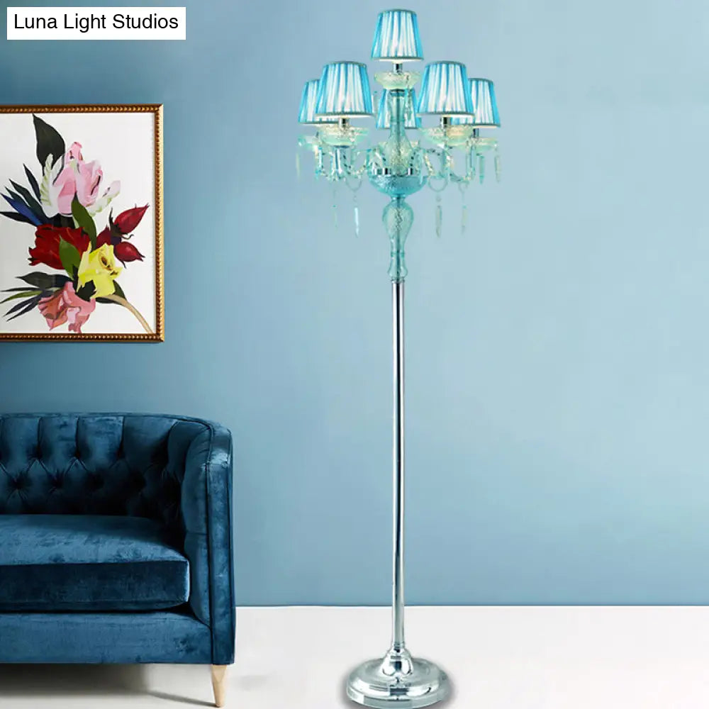 Lámpara de pie candelabro de cristal tradicional azul con pantalla plisada, de 5/6/7 bombillas.