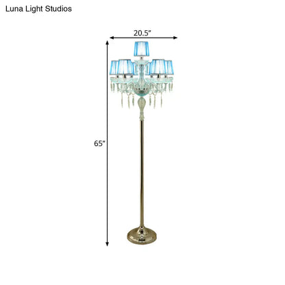 Lámpara de pie candelabro de cristal tradicional azul con pantalla plisada, de 5/6/7 bombillas.