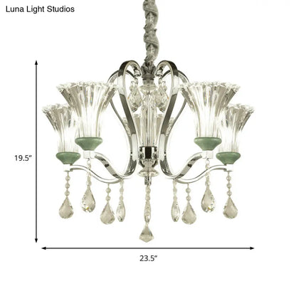 Lámpara de araña moderna de 5 bombillas con colgante de cristal verde y vidrio.