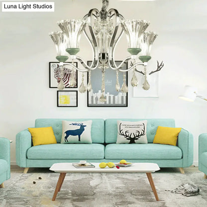 Lámpara de araña moderna de 5 bombillas con colgante de cristal verde y vidrio.