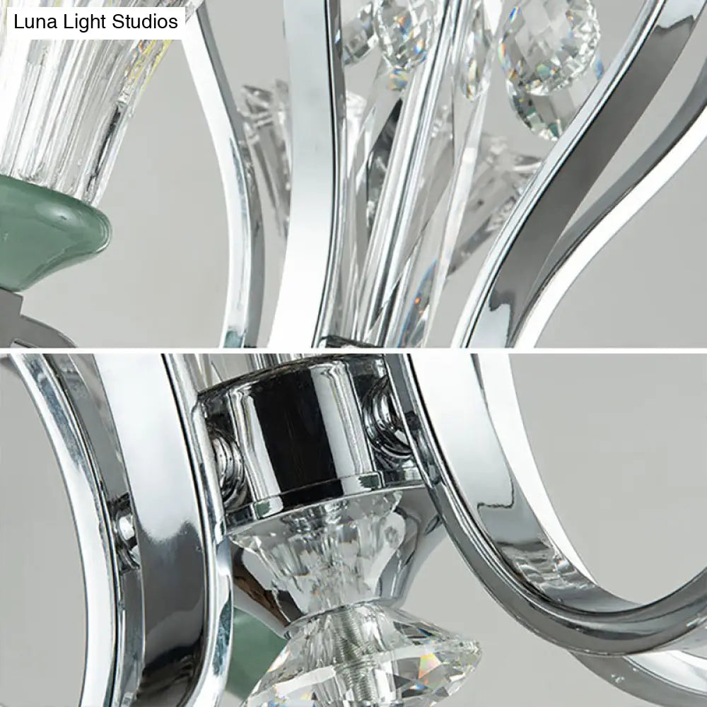 Lámpara de araña moderna de 5 bombillas con colgante de cristal verde y vidrio.